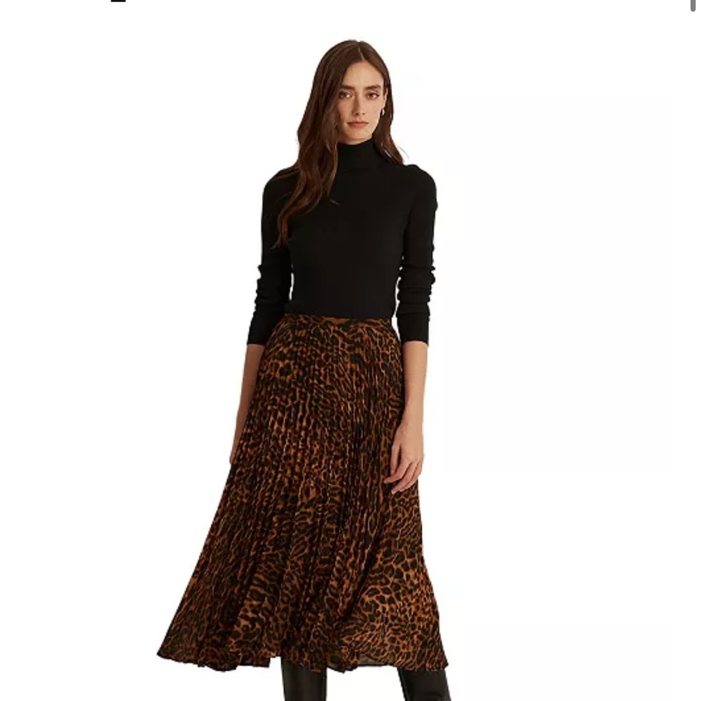 LRL Lauren Ralph Lauren Ocelot Animal Print Pleated Georgette Skirt Women's 14 - Picture 16 of 16